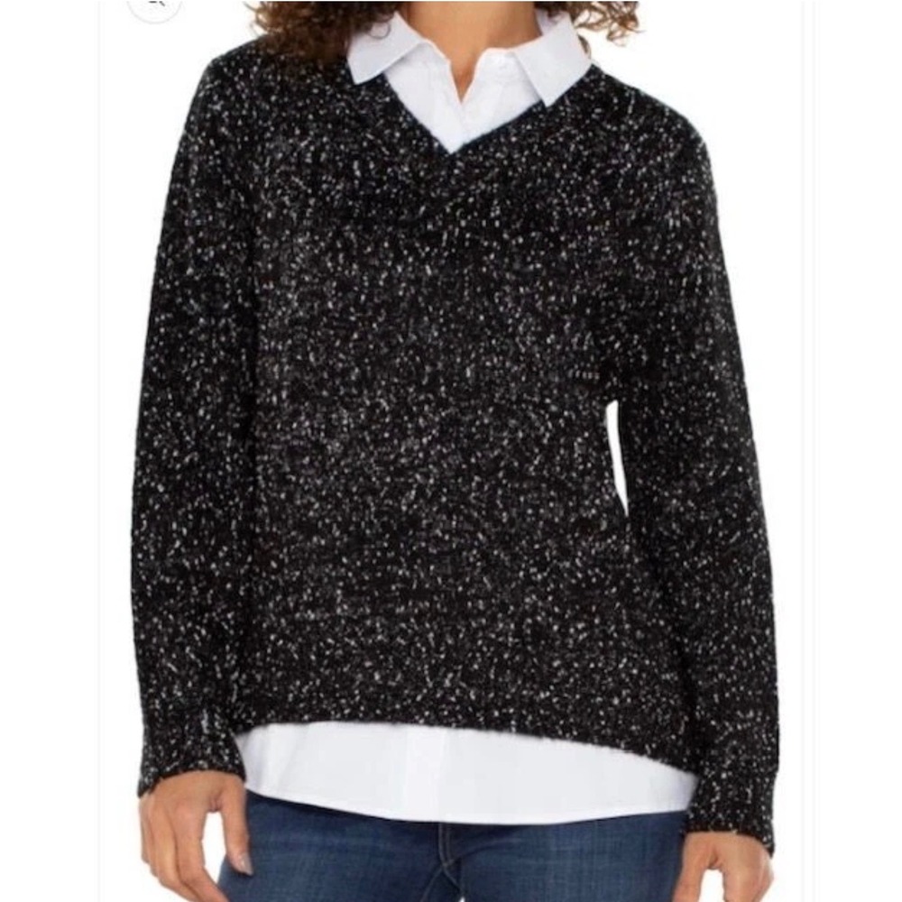 Womens V-Neck Marled Knit Sweater Black White Size S